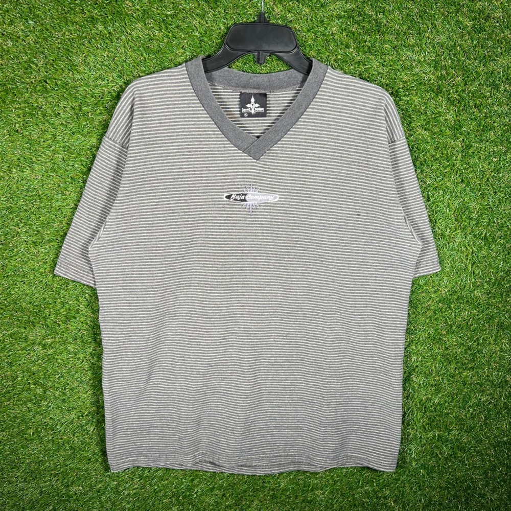 Local Motion Hawaiian Surfgear V-Neck Striped Shirt XL Grey Baja‎ Company